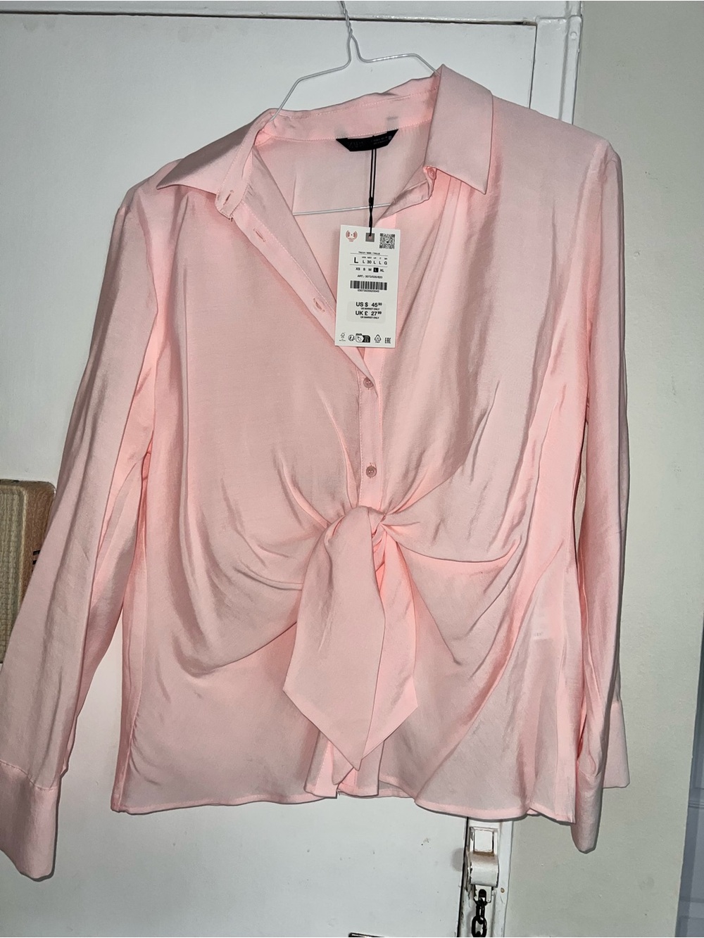 Zara Light Pink Twist-Front Button-Down Blouse